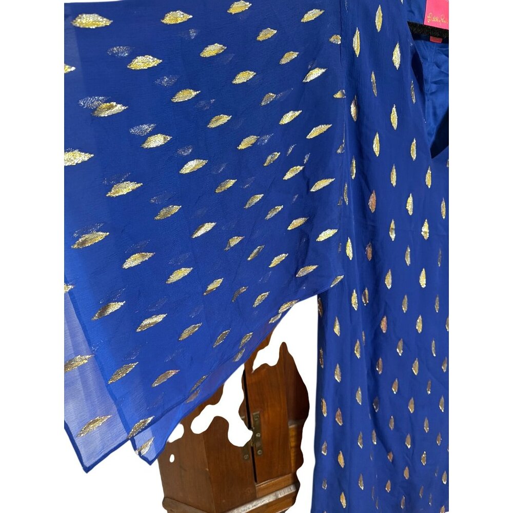 Lilly Pulitzer Shalynn Silk Caftan Dress Blue Gold Metallic Design Lined Sz 8 - Picture 2 of 6